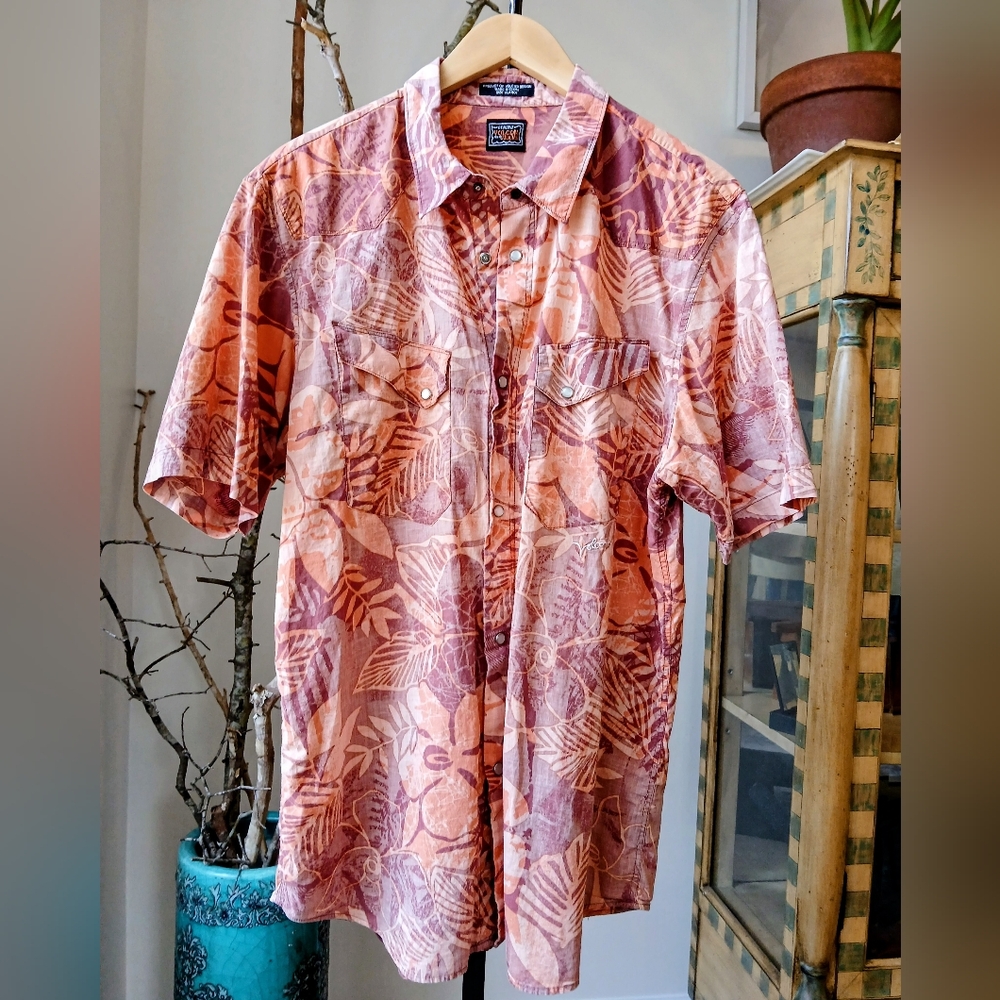 Volcom Men's Leaf Print Casual Shirt - Pink and Orange